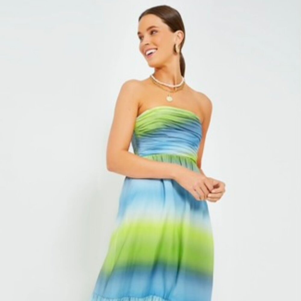 Tuckernuck Chartreuse and Sky Ombre Strapless Kaia Maxi Dress NWT Women Size XL